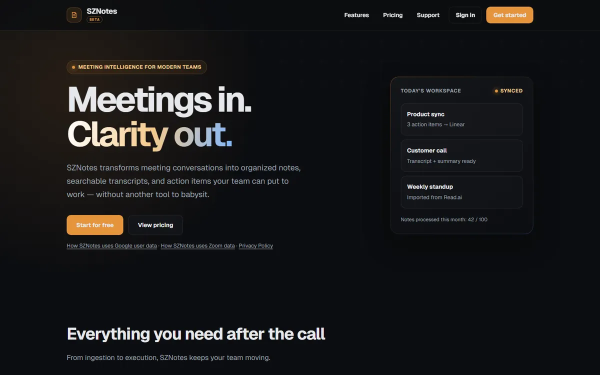 Screenshot of the SZNotes homepage